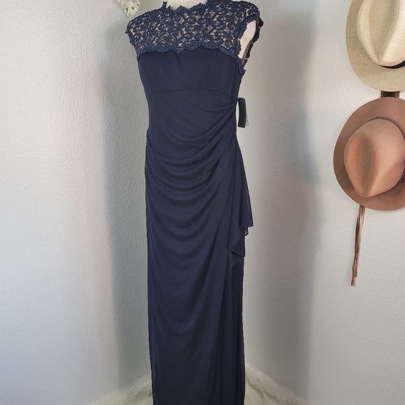 ALEX EVENINGS WOMEN'S METALLIC CUTOUT LACE DRESS NAVY GOLD METALLIC SZ 6… - Picture 9 of 13